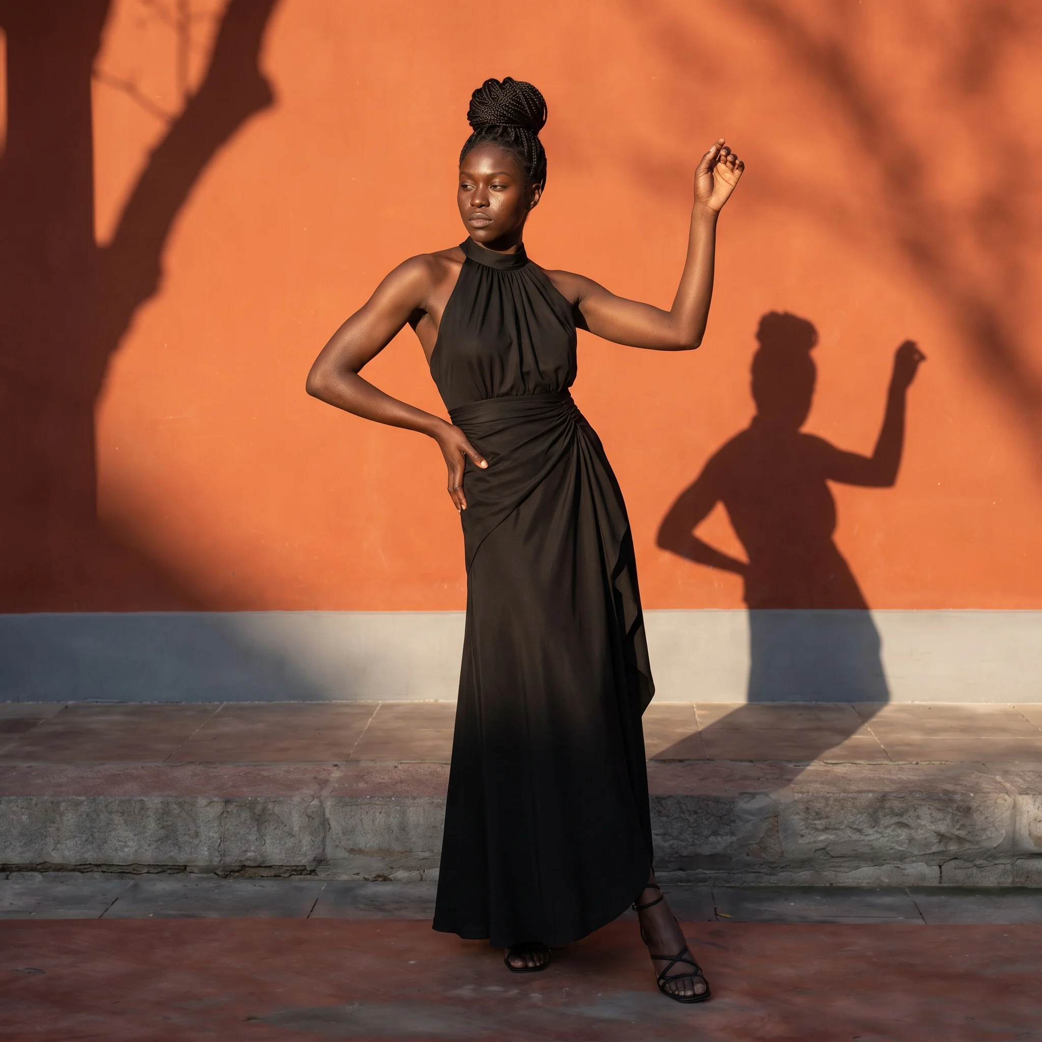 Agency campaign frame: model dancing in a black halter dress against a vermilion wall