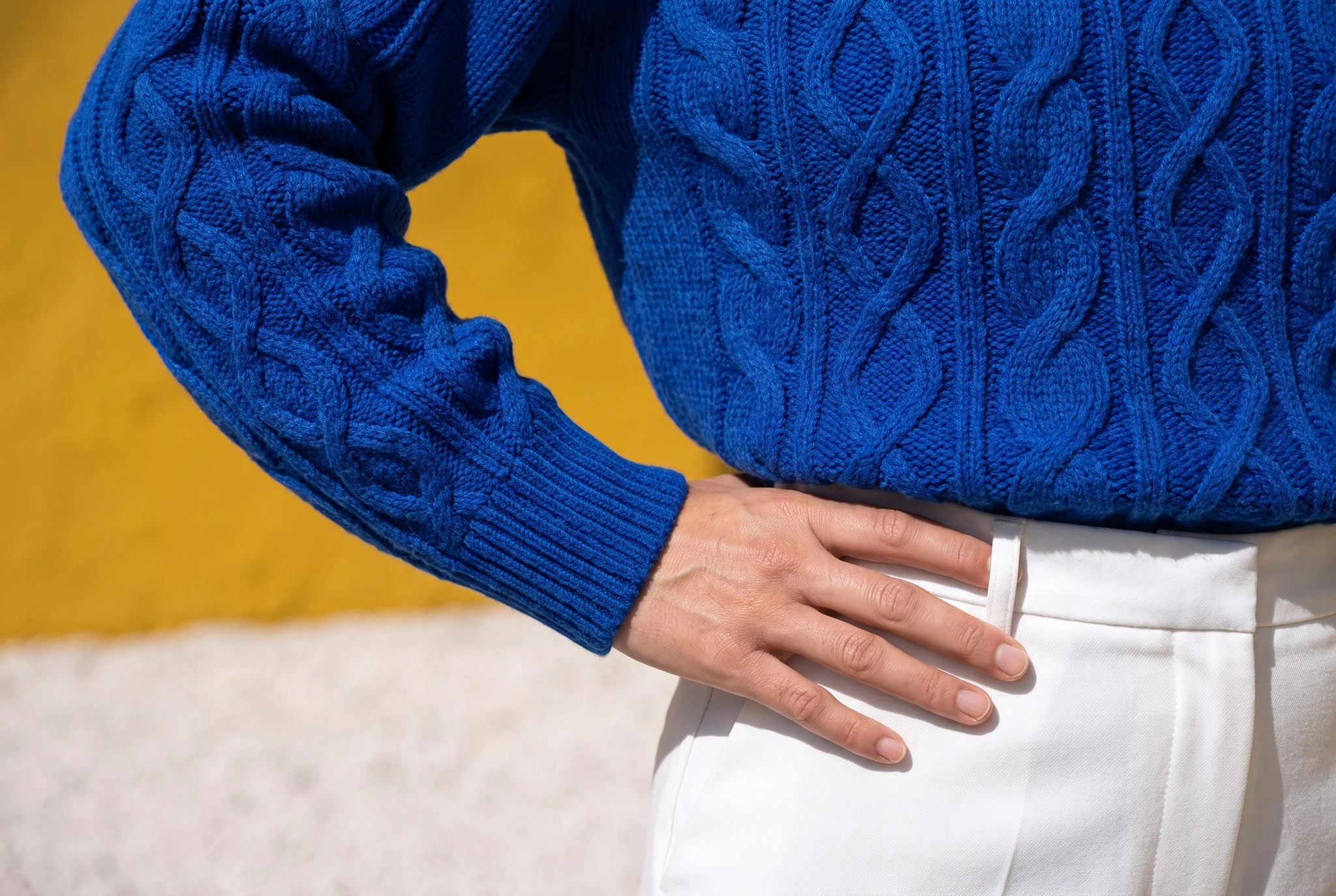 Close-up of the cobalt cable stitch