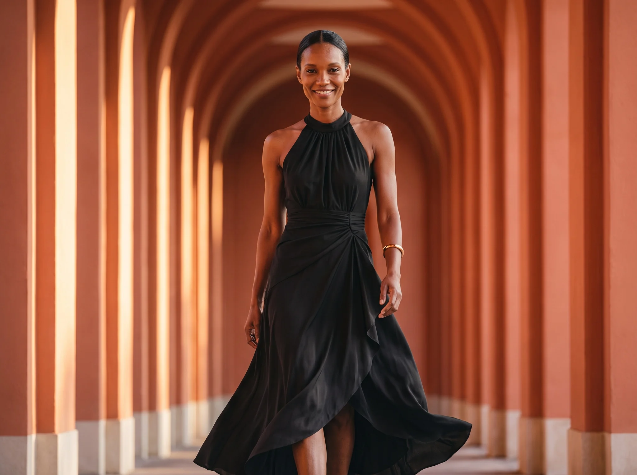 Model in a black halter maxi dress walking through coral arches